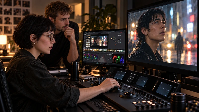 Une jeune étalonneuse et son collègue travaillent sur DaVinci Resolve