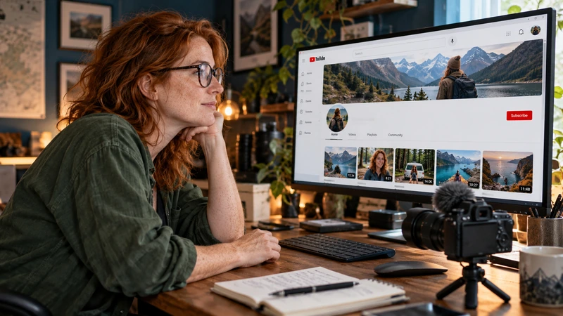 Une créatrice rousse à lunettes prépare sa chaîne YouTube devant sa page d’accueil