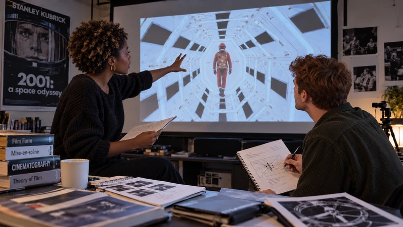 Une jeune femme et un jeune homme analysent la composition d’un plan de cinéma