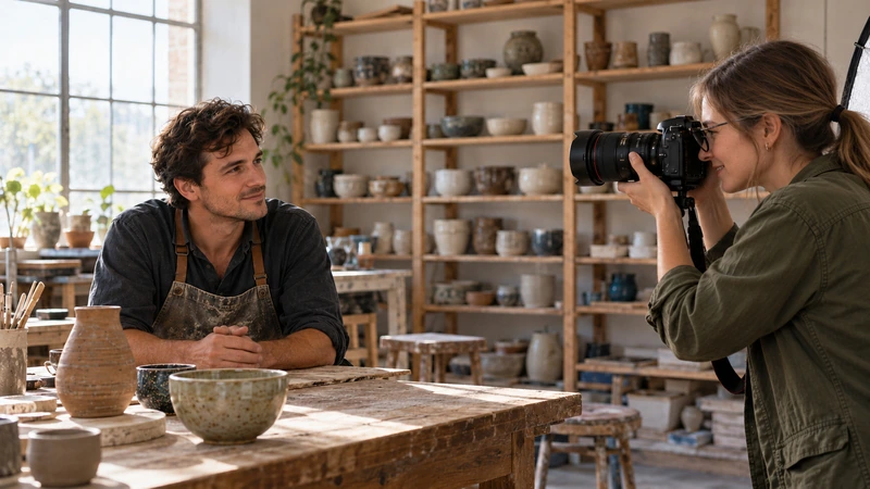 Une jeune photographe réalise le portrait d’un artisan dans son atelier