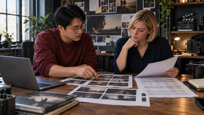 Un jeune réalisateur et une jeune productrice préparent le budget et le storyboard de leur film