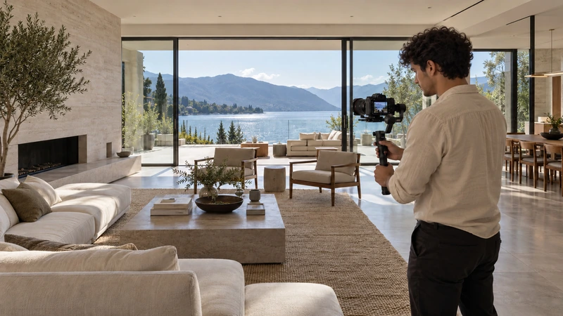 Un jeune vidéaste filme un appartement avec une caméra sur stabilisateur