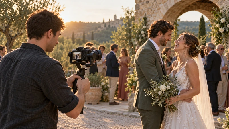 Un jeune vidéaste filme les mariés à la lumière du soir