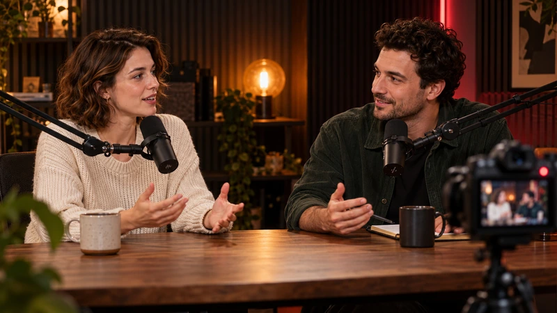 Une jeune femme et un jeune homme enregistrent un podcast vidéo