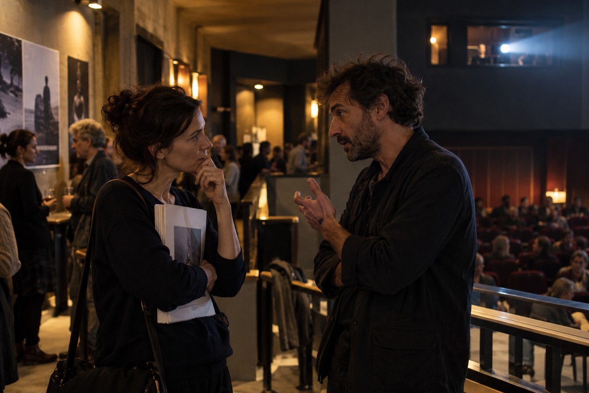 Conversation autour d’un projet dans le hall d’une salle de projection.
