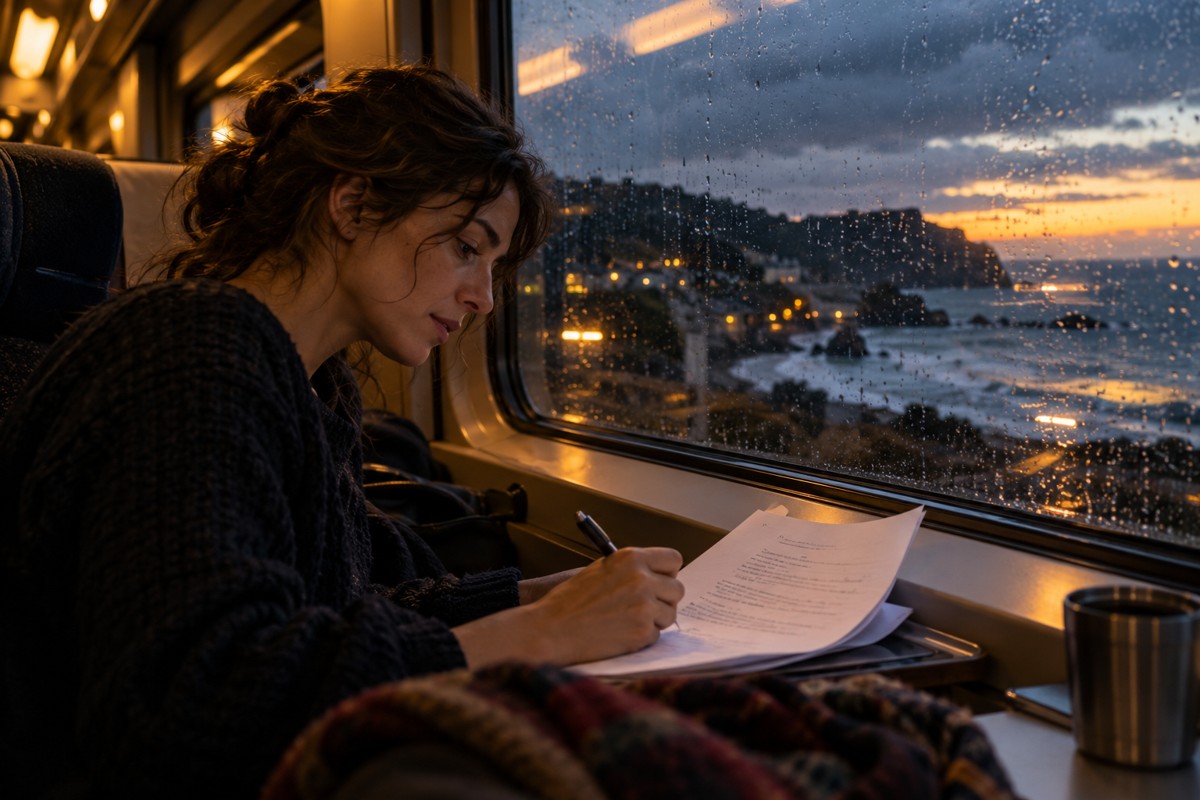 Travail d’écriture dans un carnet pendant un trajet.