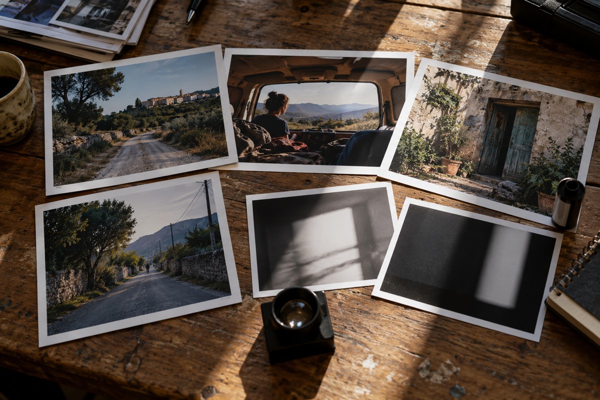 Photographies de repérage montrant plusieurs ambiances et directions de lumière.