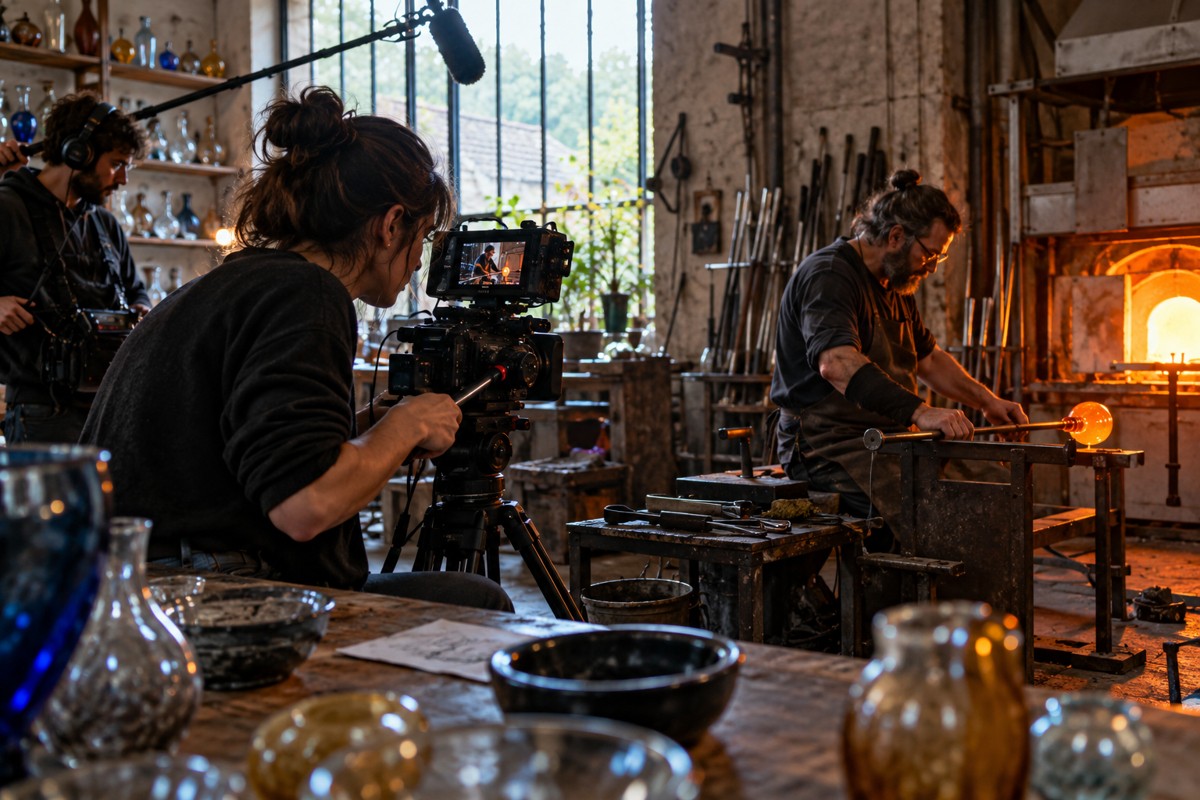 Tournage d’un geste artisanal avec caméra et perche.