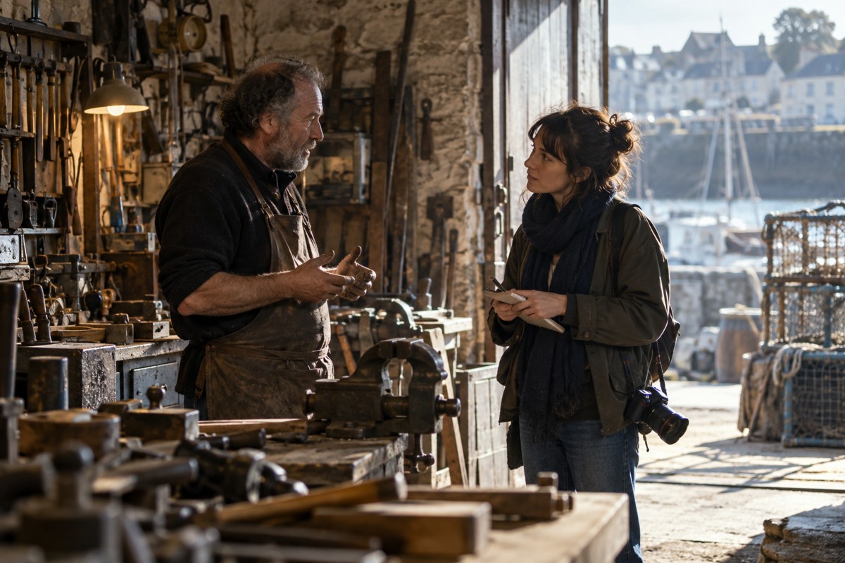 Discussion avec un artisan dans son atelier avant le tournage.