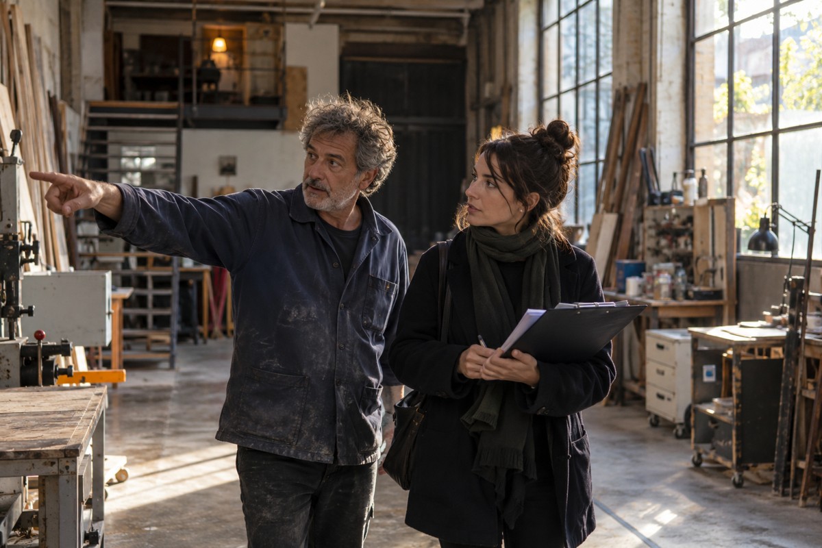 Repérage d’un atelier et désignation des zones utiles au tournage.