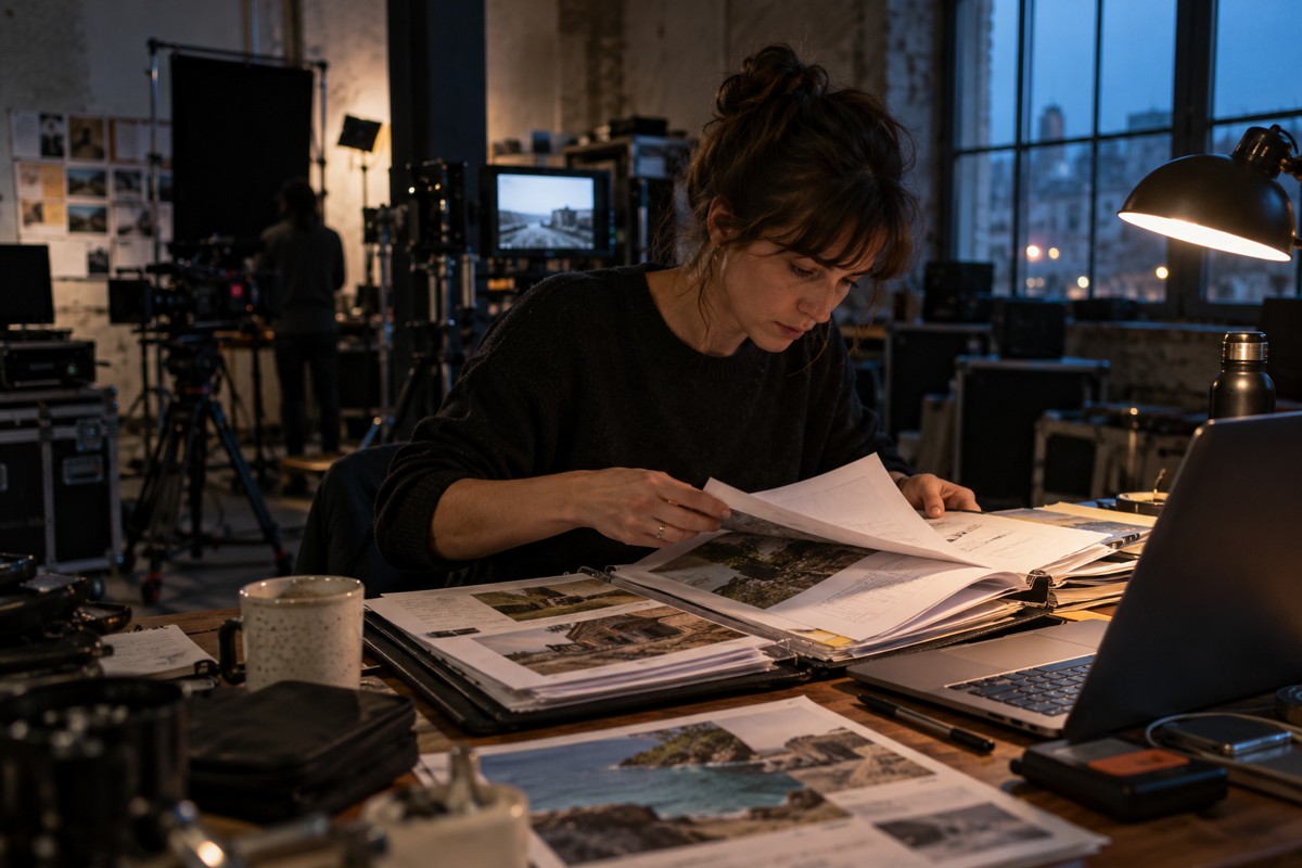 Documents et photographies réunis pour construire un dossier de film.