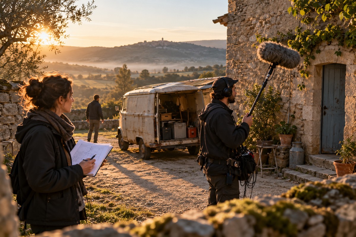 Préparation du tournage en extérieur avec une perche et un carnet.