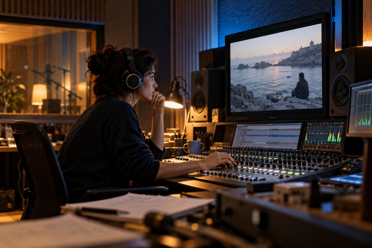 Travail du son et de l’image en postproduction devant des écrans.