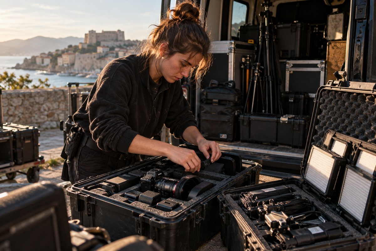 Rangement du matériel dans une valise après utilisation.
