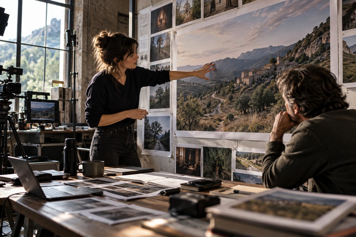 Une réalisatrice présente une référence de paysage à ses collaborateurs.