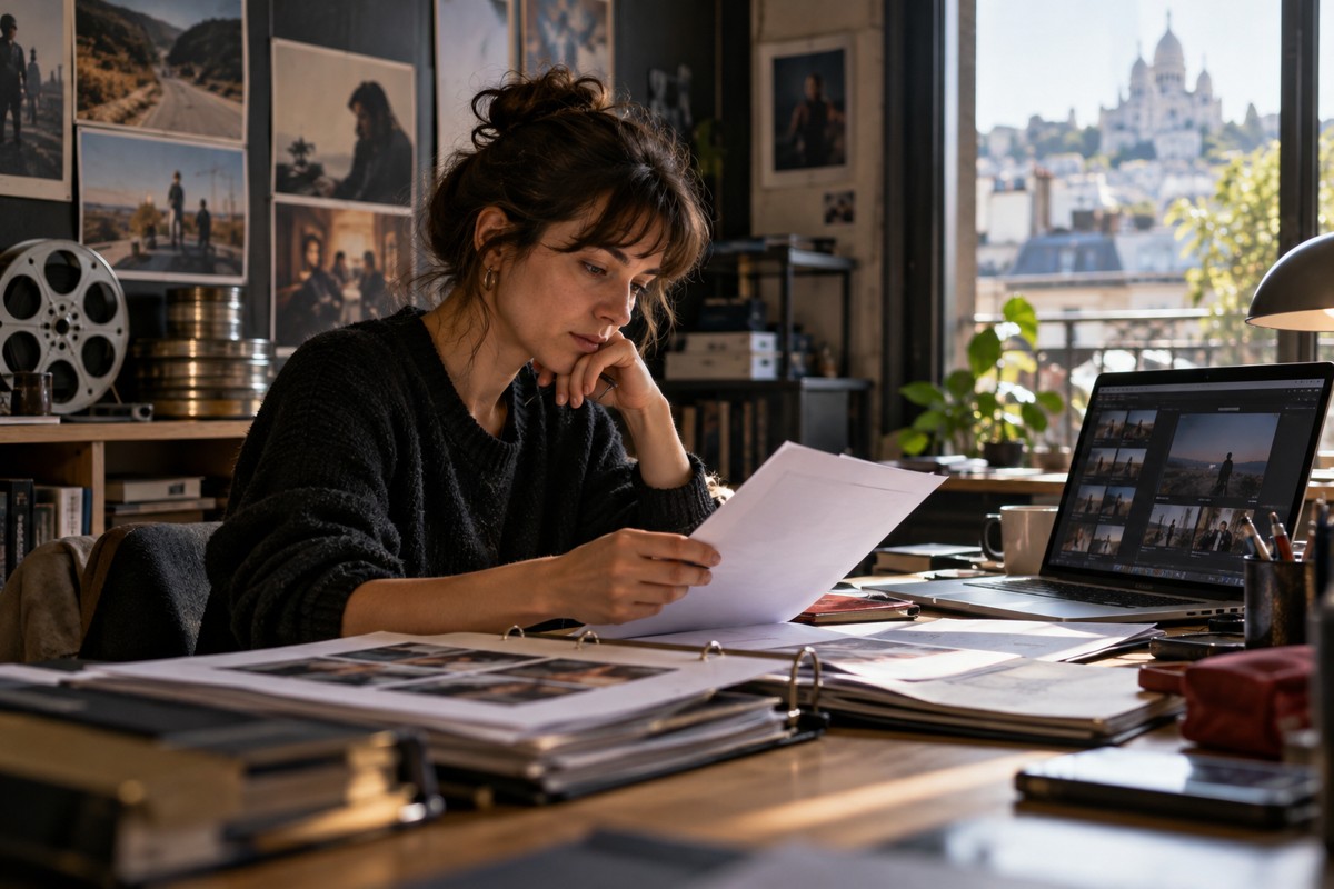 Préparation de textes et de références à un bureau.