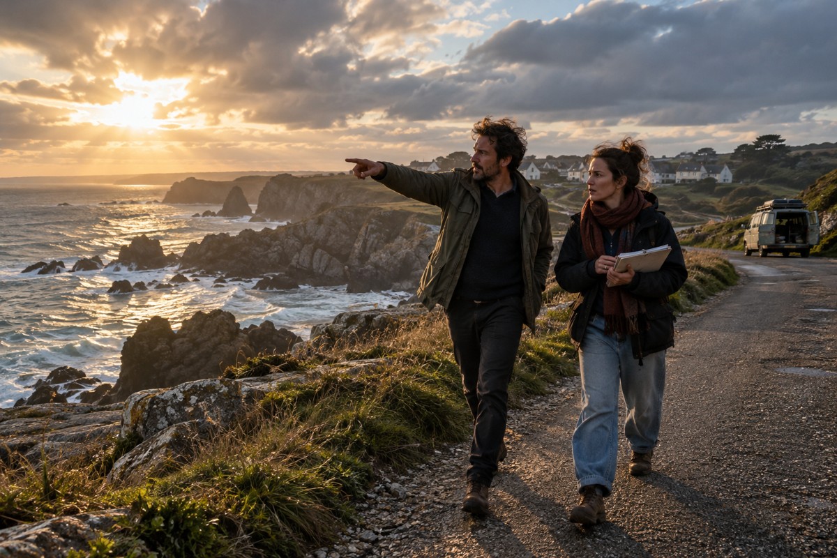Deux collaborateurs échangent pendant un repérage sur la côte.