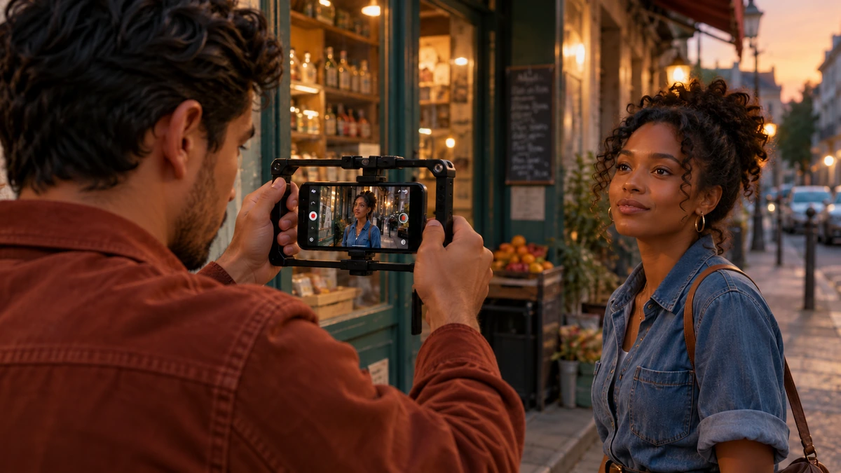 Un cinéaste cadre une interprète au smartphone dans une rue.