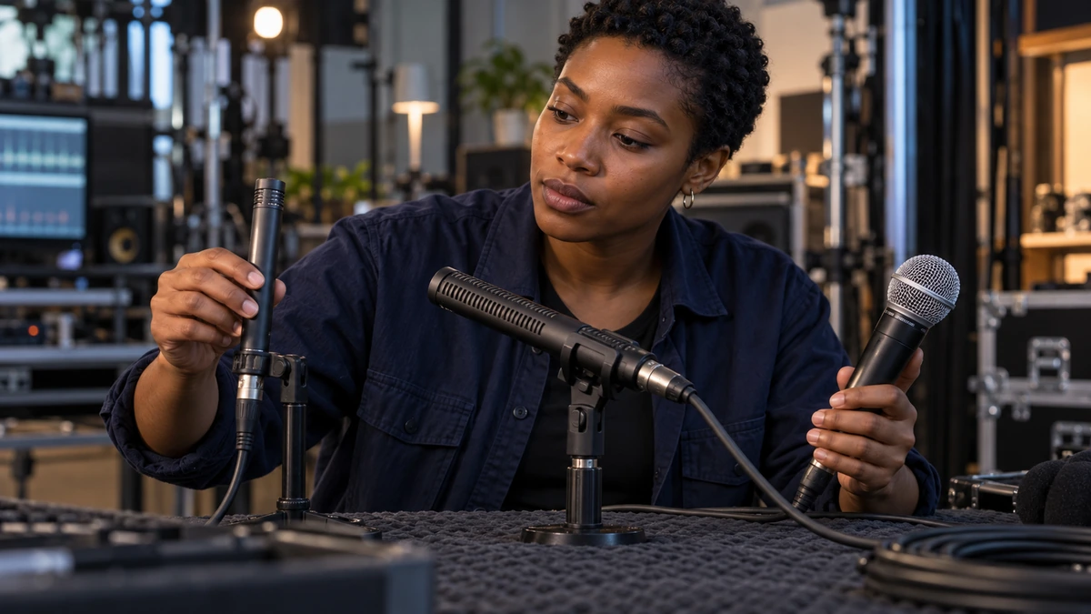 Une technicienne compare différents types de microphones