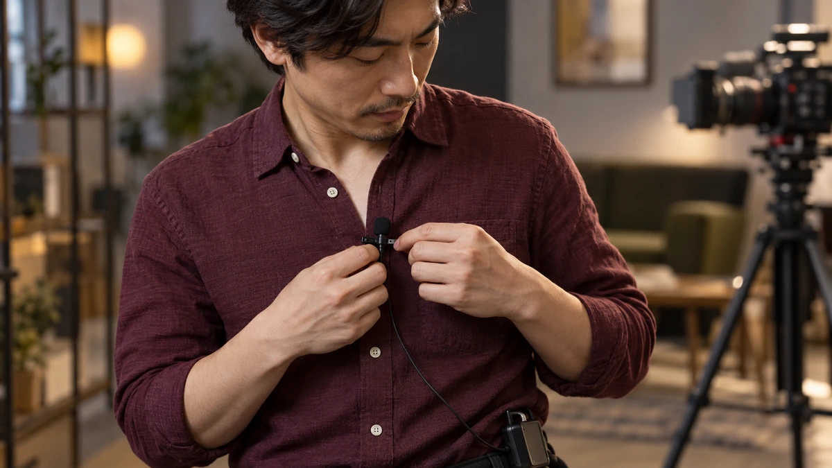 Un interprète place un microphone cravate sur sa chemise
