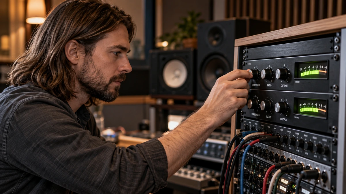 Un technicien règle un compresseur de studio