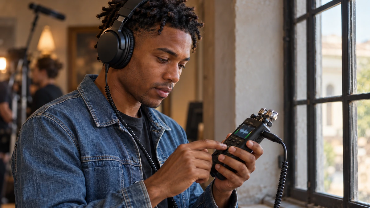 Un preneur de son vérifie un fichier au casque fermé