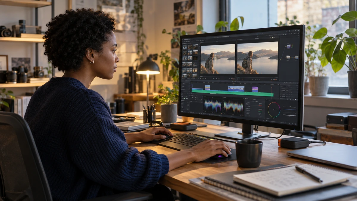 Une femme examine un montage et des images de paysage sur son écran.