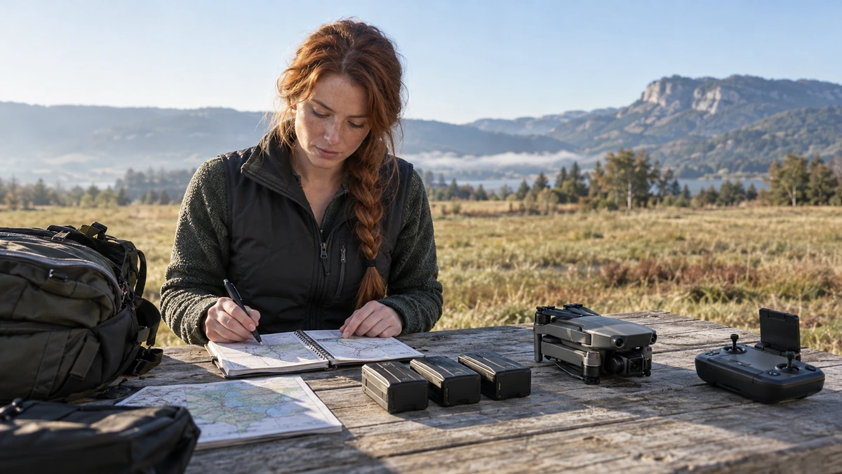 Une femme rousse note des informations près d’un drone et de batteries en extérieur.