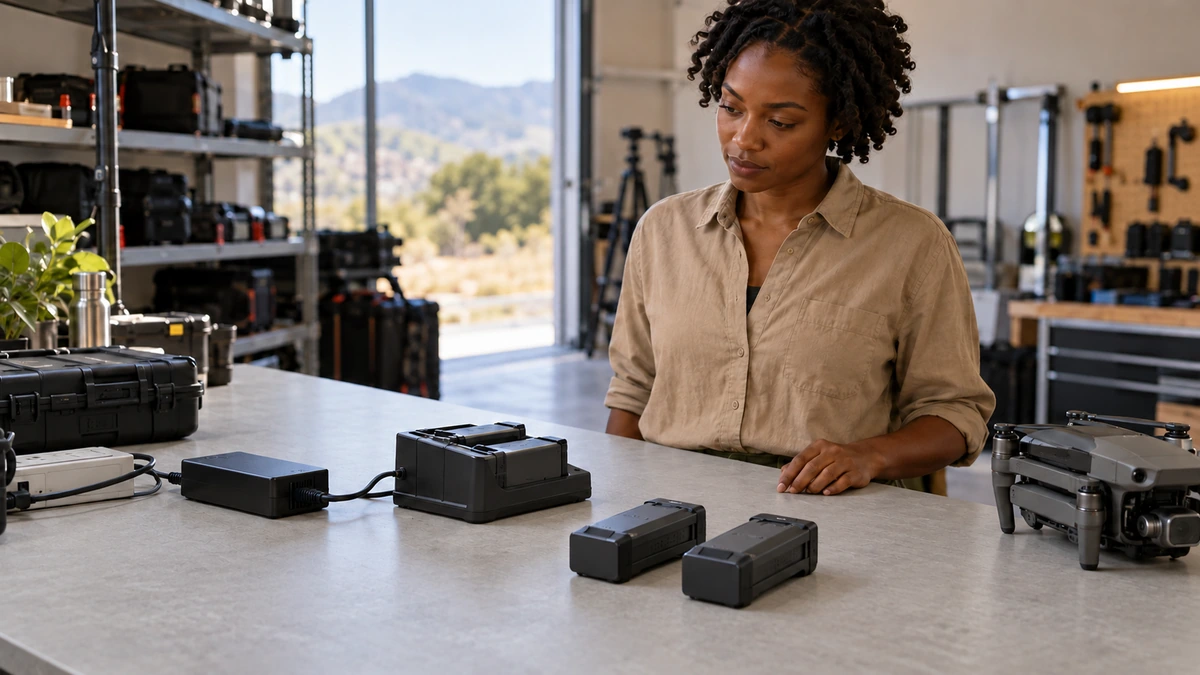 Une femme examine un chargeur et des batteries près d’un drone dans un atelier.
