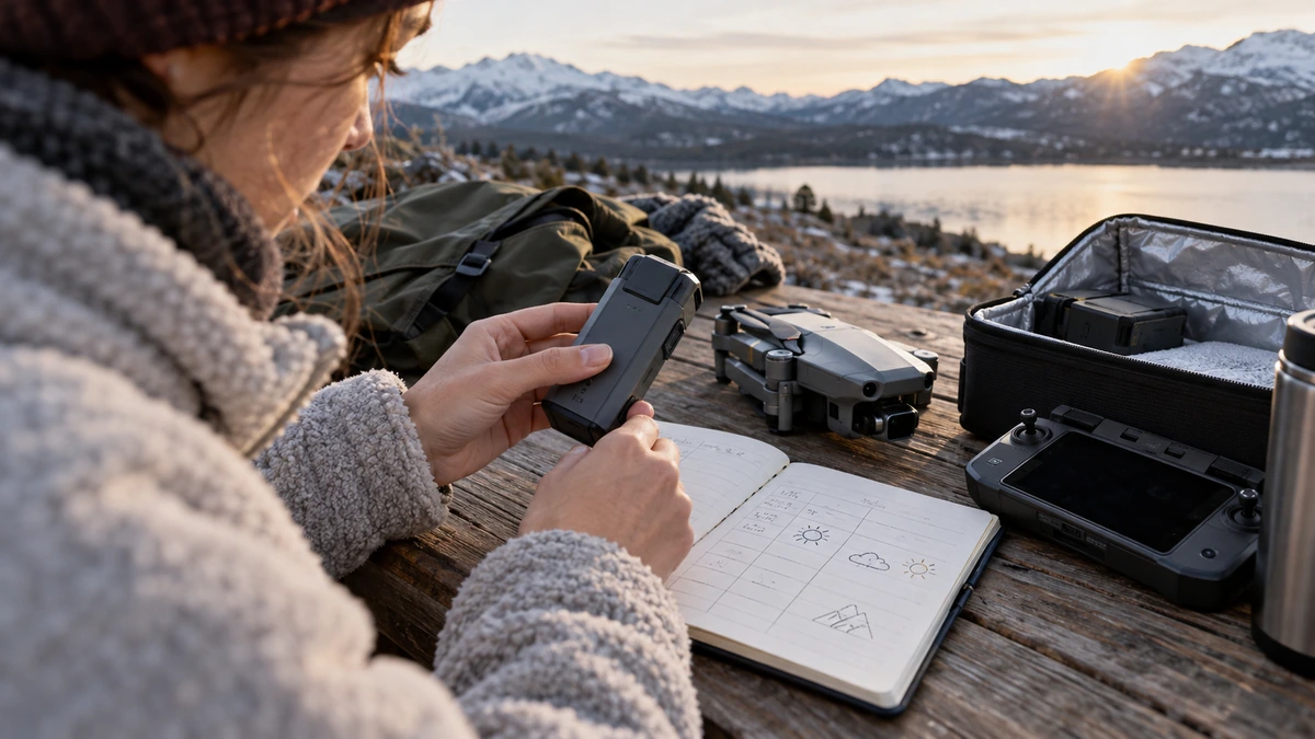 Une personne tient une batterie près d’une caisse de drone au bord d’un lac de montagne.