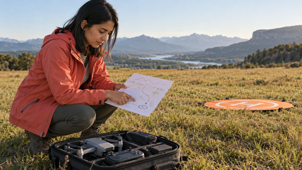 Une femme annote un plan près d’un drone posé sur une aire de décollage.