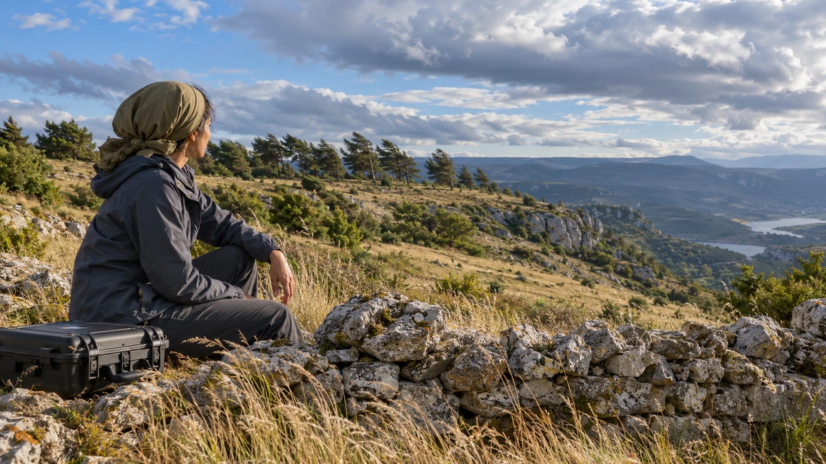 Une personne assise près de son matériel observe un paysage et le ciel depuis un muret.