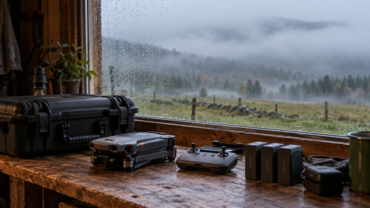 Un drone et sa caisse restent à l’intérieur devant une fenêtre couverte de pluie.
