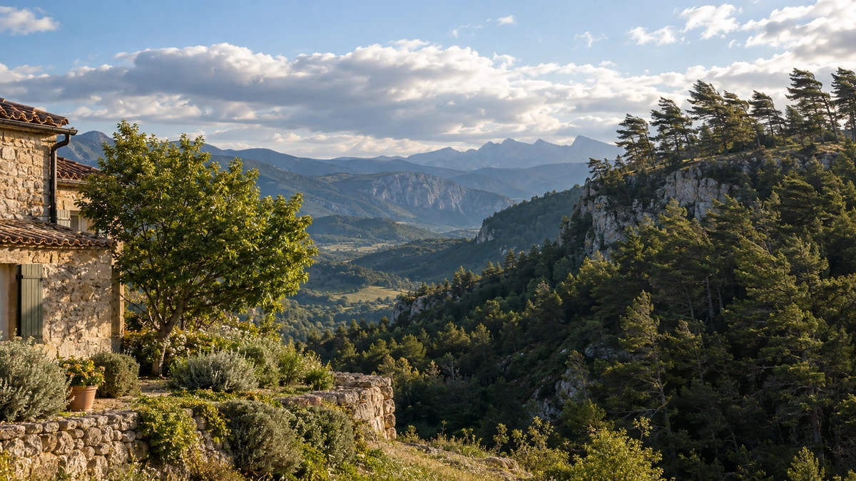 Des arbres inclinés occupent un versant montagneux sous un ciel partiellement nuageux.