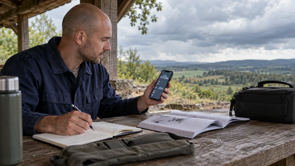 Un homme consulte son téléphone et prend des notes devant une vallée.