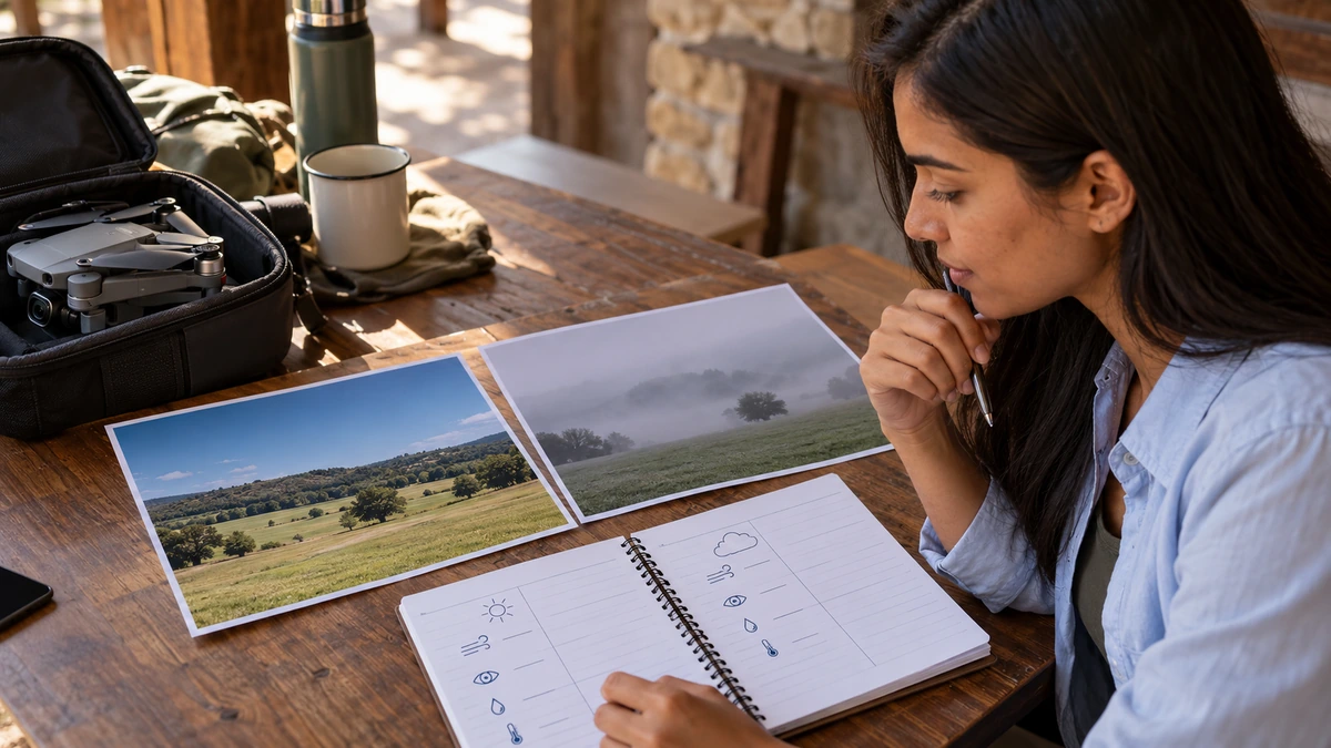 Une femme compare deux photographies météo et un carnet près de son matériel.