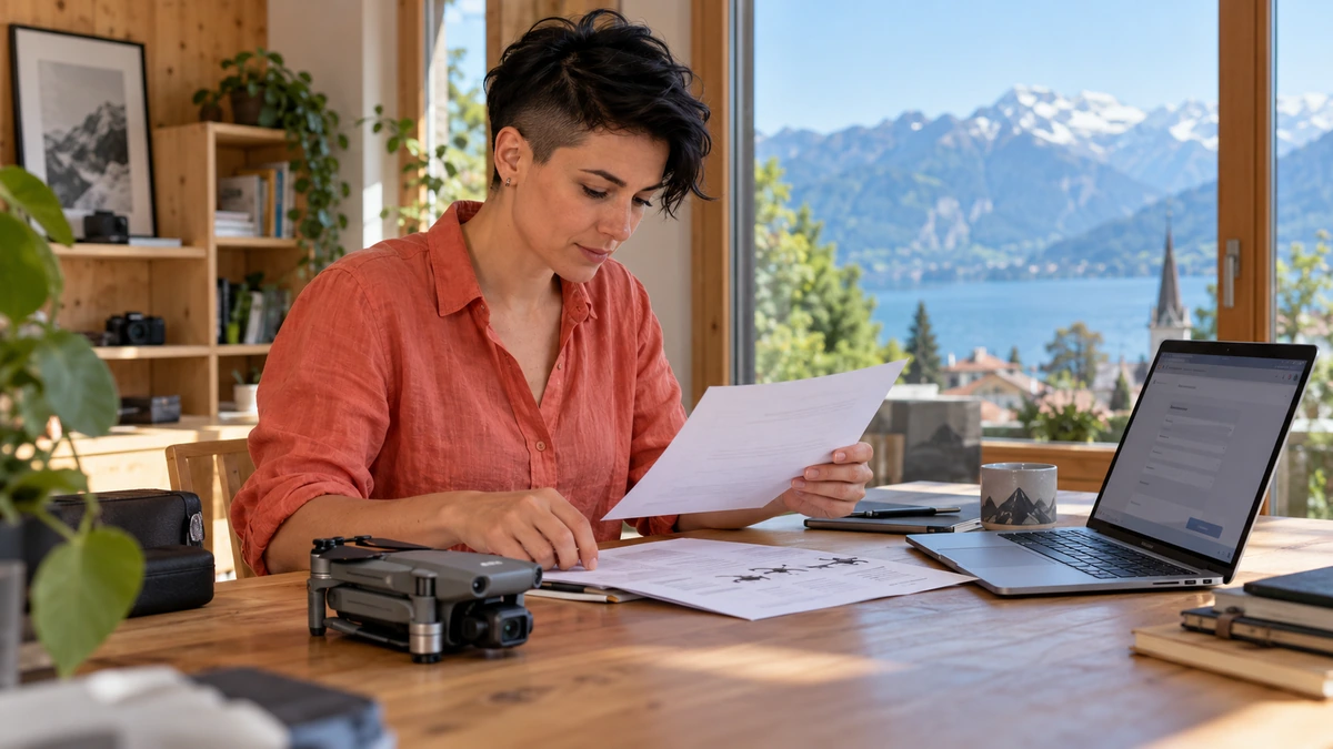 Une femme lit des documents près d’un ordinateur et d’un drone, devant un paysage de lac et de montagnes.