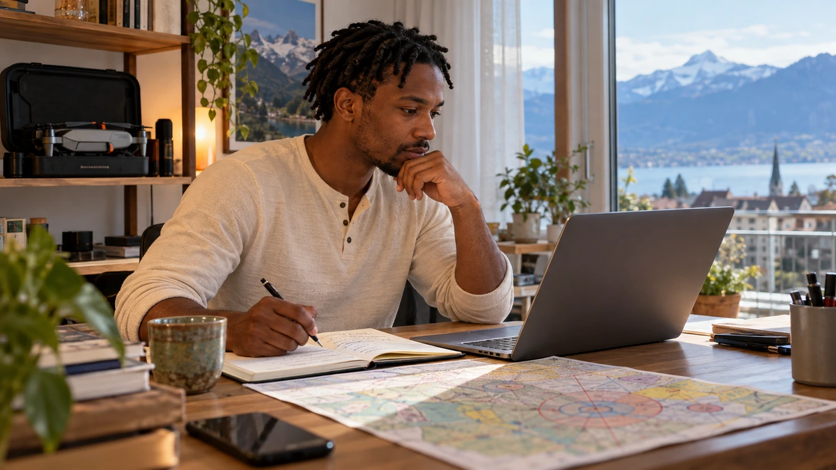 Un homme consulte un ordinateur avec une carte ouverte sur sa table, devant un paysage de montagnes.