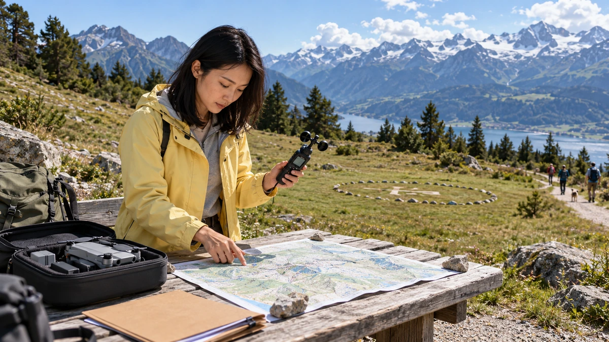 Une femme consulte son téléphone et une carte sur une table de montagne près d’une caisse ouverte.
