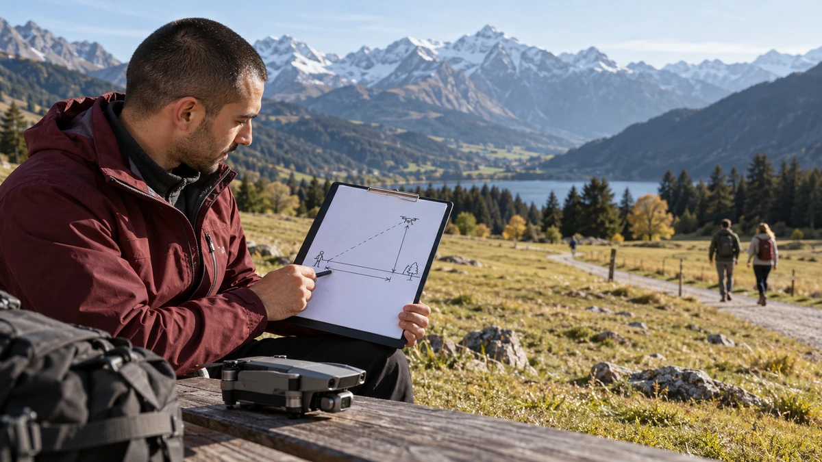 Un homme annote un schéma près d’un drone et d’une caisse en montagne.