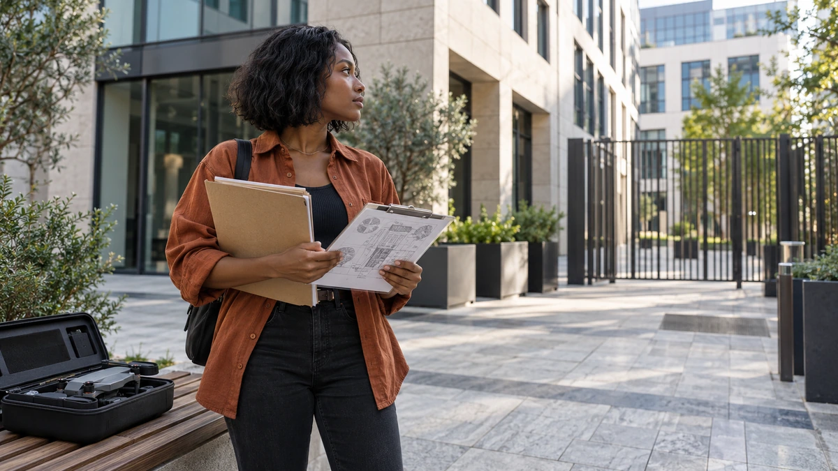 Une femme tient un dossier et un plan devant un immeuble.