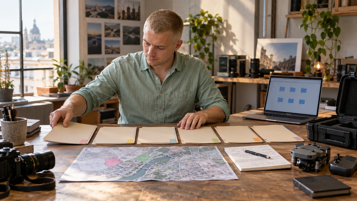 Un homme organise des dossiers près d’une carte et d’un ordinateur.