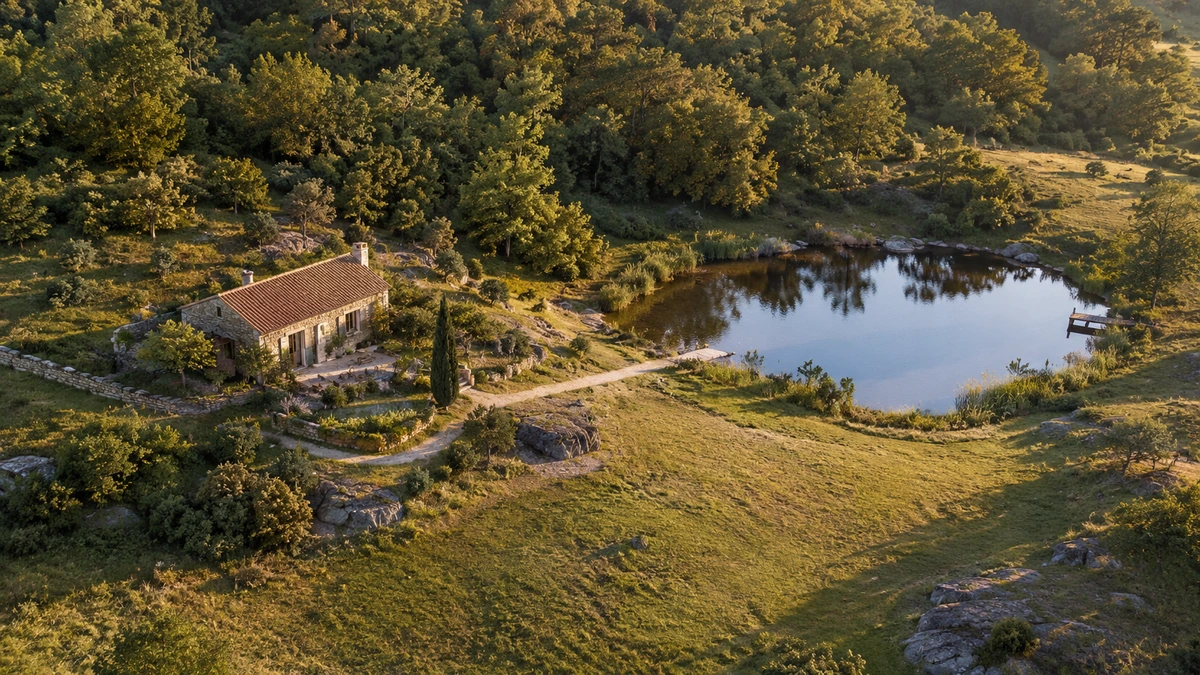 Un chemin relie un premier plan herbeux à un étang et à la forêt.