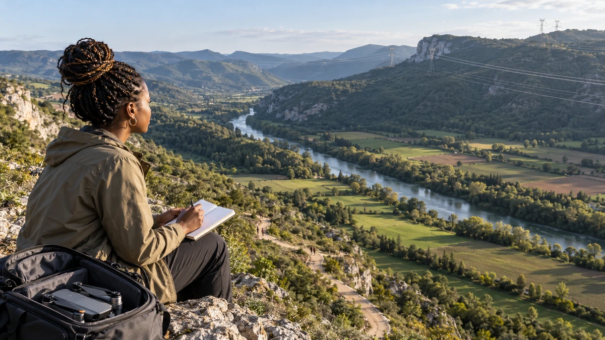 Une femme observe une vallée et prend des notes près d’un sac contenant un drone.