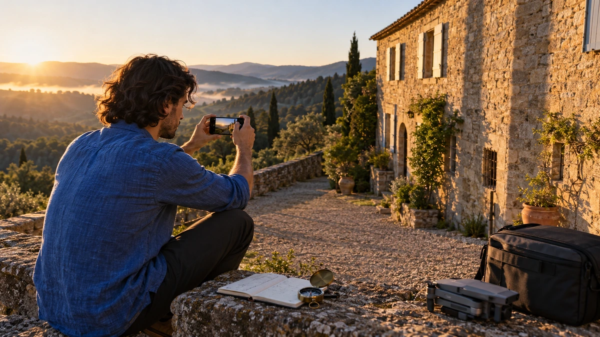 Un homme prépare une vue d’un bâtiment au soleil bas avec son téléphone et un carnet.