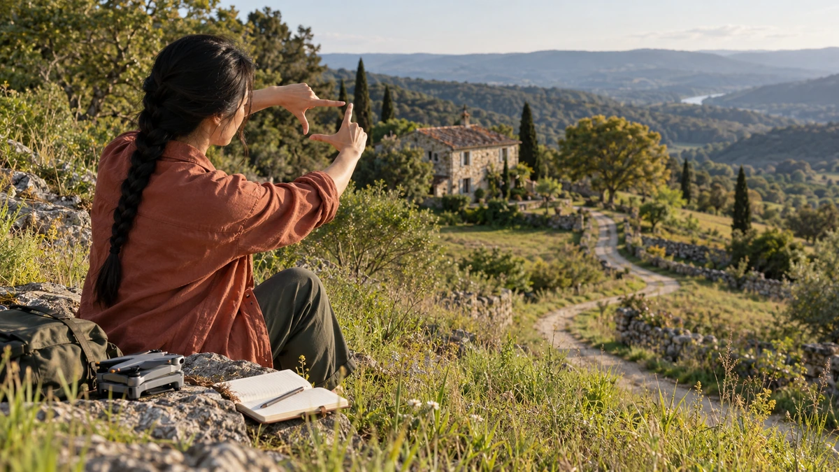 Une femme cadre un bâtiment depuis le sol avec un téléphone.
