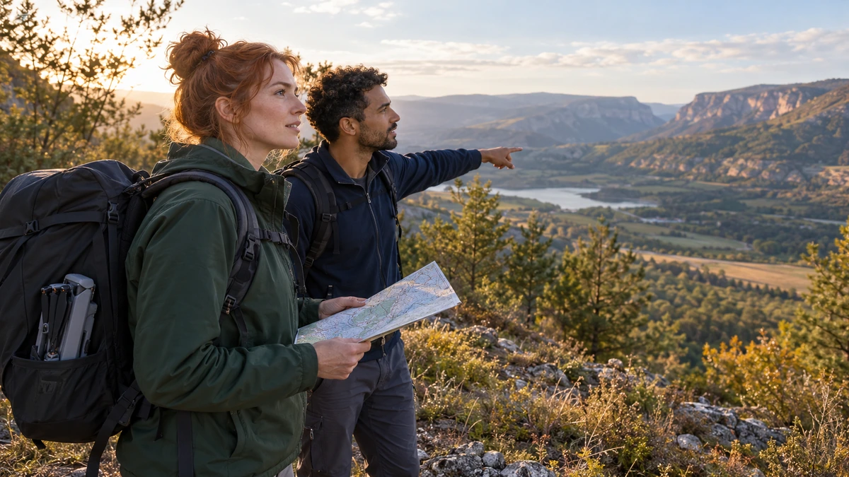 Deux personnes examinent une carte et observent le paysage depuis un point de repérage.