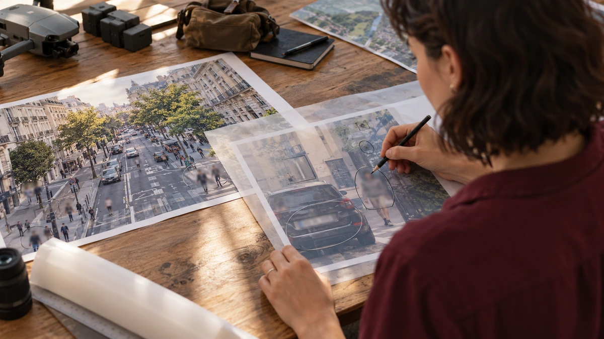 Une personne annote des photographies de rue pour préparer leur utilisation.