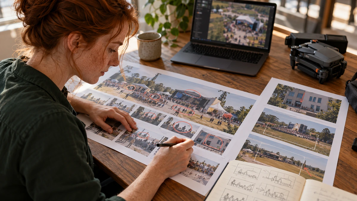 Une femme annote des photographies de plans devant un ordinateur et un drone.