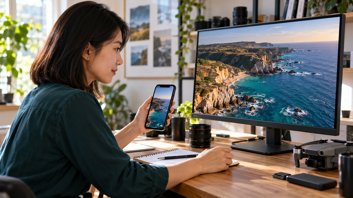 Une créatrice compare une image de paysage sur un téléphone et un moniteur.